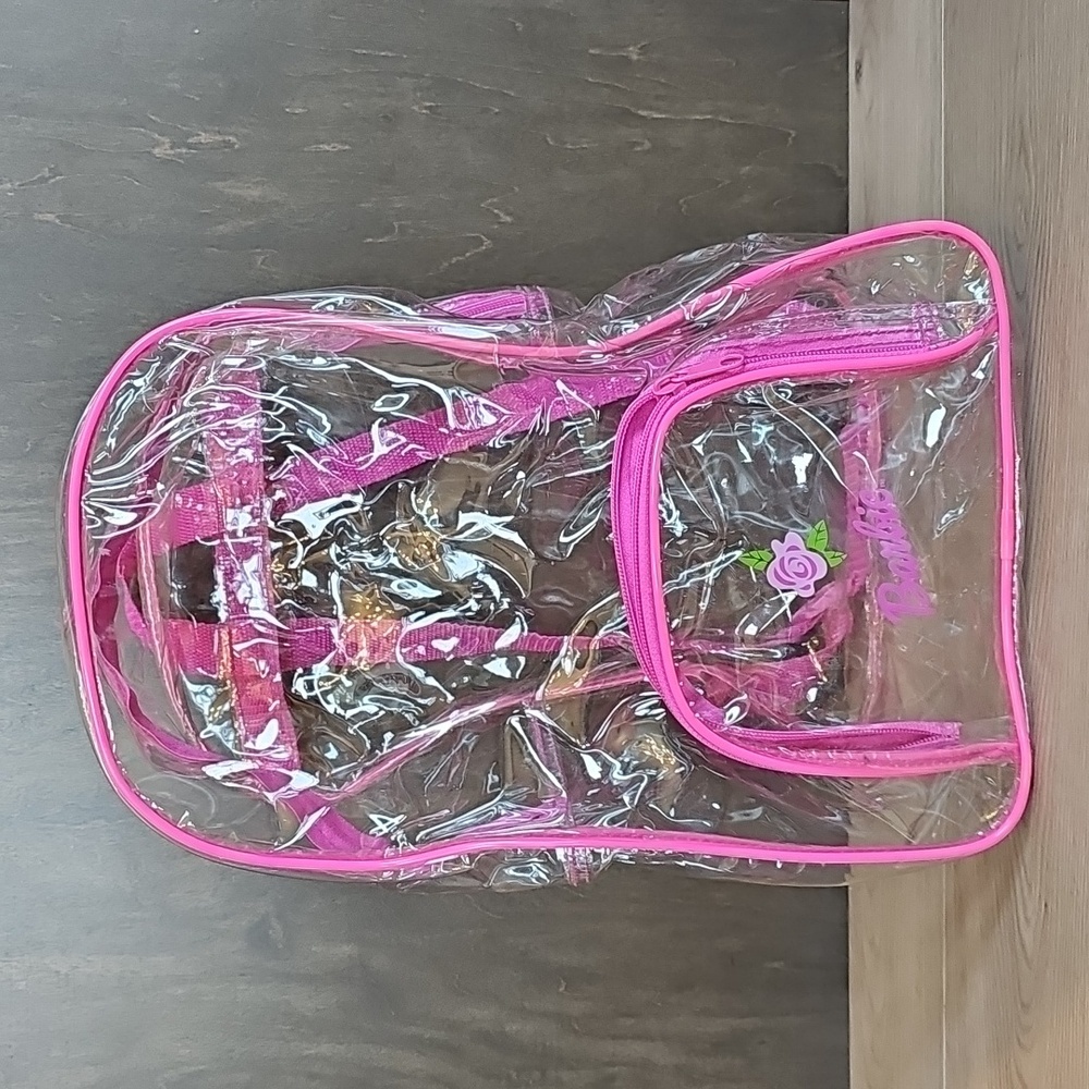 Barbie‎ Clear Plastic Backpack With Pink Trim 10x14.5"